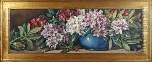 Still Life Of Rhododendrons In A Blue Bowl Oil Painting - Arthur Dudley