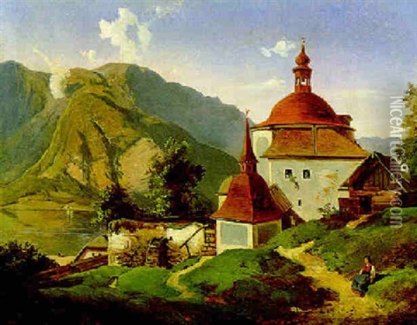 Das Alte Pfarrkirchlein In Hallstatt Oil Painting - Alexander Trichtl