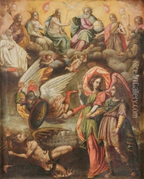 Trinite Dans Les Nuees, Saint Michel Terrassant Le Dragon Oil Painting - Juan de las Roelas