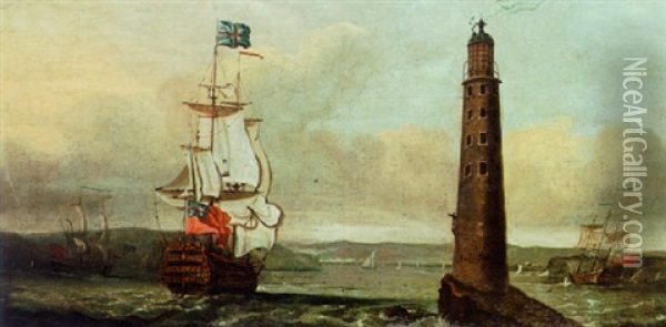 Shipping Off The Eddystone Lighthouse Oil Painting - Isaac Sailmaker