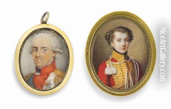 A Young Officer In Red Military Jacket With Gold Collar And Frogging, White Tassles, Together With Frederick I (1750-1827), King Of Saxony, In Red-bordered White Coat With Gold Epaulettes, Wearing The Green Sash And The Breast-star Of The Royal Saxon Orde Oil Painting - Moritz Krantz