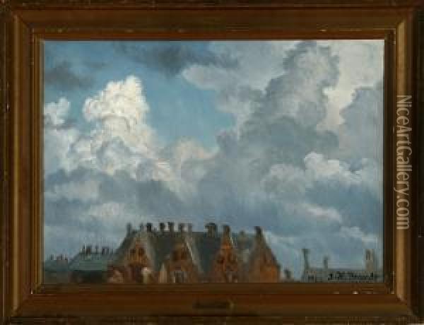 Clouds Above Roofs Oil Painting - Johannes Herman Brandt