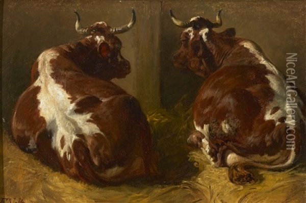 Zwei Liegende Kuhe Im Stall Oil Painting - Johann Friedrich Voltz