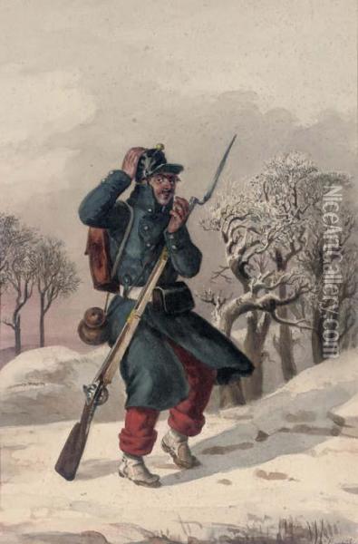 A Cold Wind: Study Of A Soldier Of The Napoleonic Era Oil Painting - Jules Adolphe Goupil