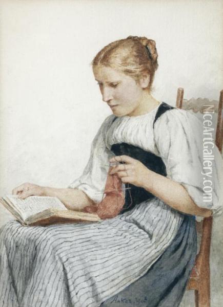 Knitting Girl Reading Oil Painting - Albert Anker