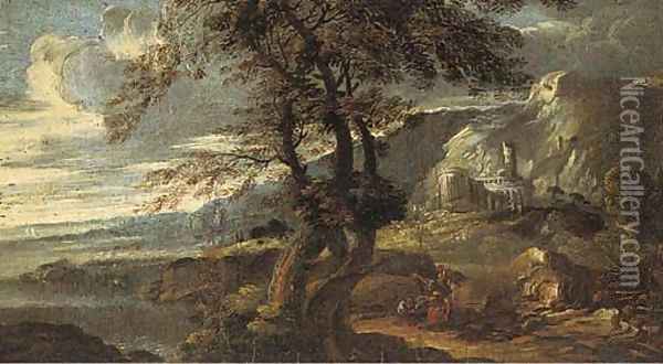 An extensive coastal landscape with classical ruins and figures at rest Oil Painting - Salvator Rosa