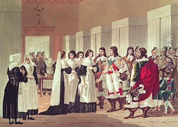 Meeting between Louis XIII 1601-43 and Marie-Louise Motier de la Fayette 1615-65 at lHotel-Dieu Paris Oil Painting - Hippolyte Lecomte