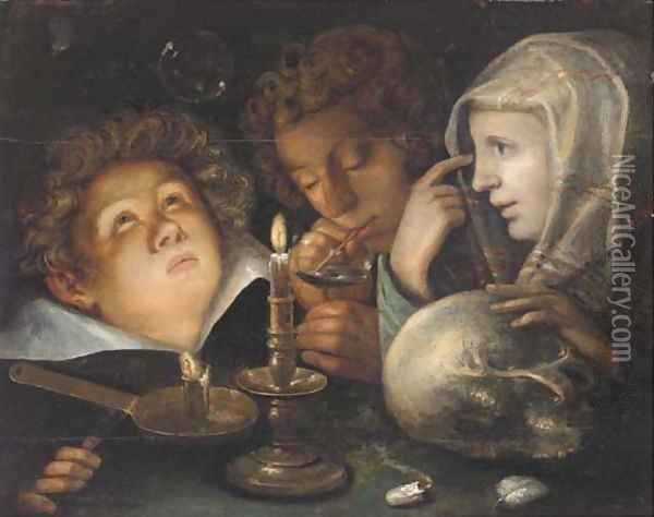 A vanitas allegory Homo Bulla Est, a boy blowing bubbles while another watches and a young woman holds a skull by candlelight Oil Painting - Jacob de II Gheyn