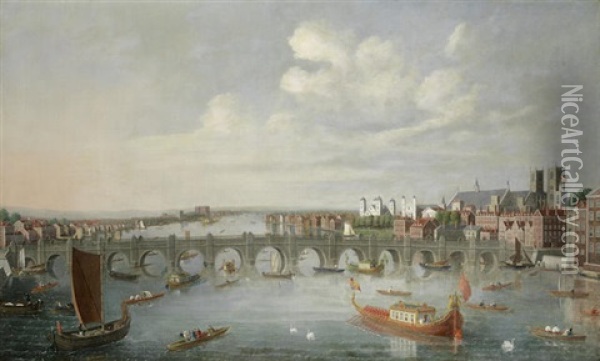 The Thames And Old Westminster Bridge Looking Towards Westminster Abbey, London Oil Painting - Samuel Scott