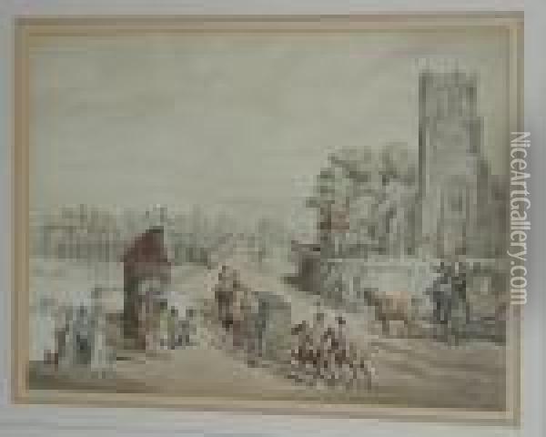 Putney Bridge And Church Oil Painting - Thomas Rowlandson
