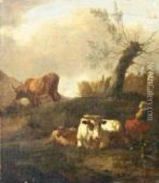Livestock And Seated Drover In A Landscape Oil Painting - Nicolaes Berchem