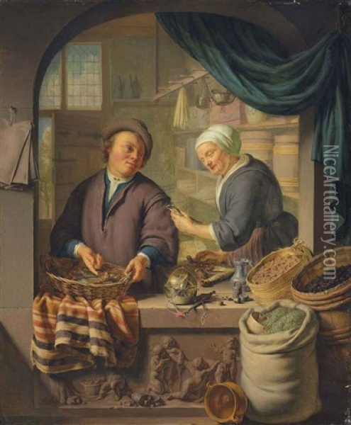 A Man And A Woman In A Grocer's Shop, With Fish In A Woven Basket And Scales On A Stone Ledge Sculpted With Putti, With A Basket Of Walnuts... Oil Painting - Frans van Mieris the Younger