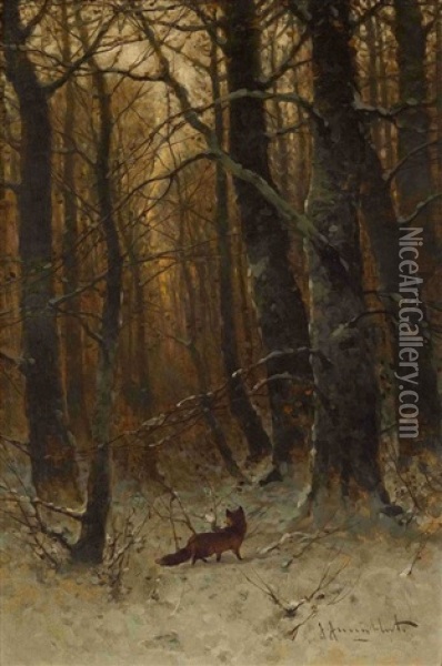Fuchs Im Winterwald Oil Painting - Johann Jungblut