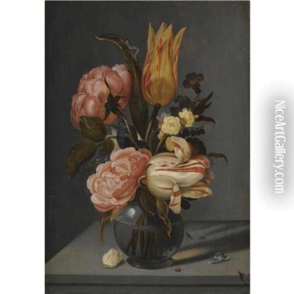 Still Life With Tulips, Roses, Marigolds And Other Flowers In A Glass Vase With A Ladybird And A Caterpillar, All On A Ledge Oil Painting - Ambrosius Bosschaert the Younger