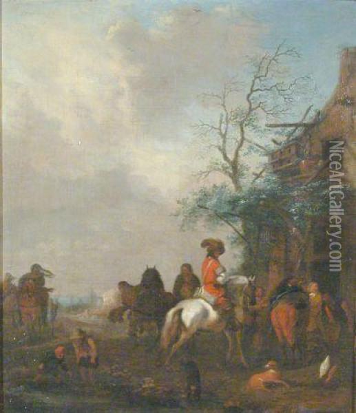 Figures Outside A Tavern Oil Painting - Pieter Wouwermans or Wouwerman