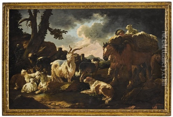 A Pastoral Landscape With Goats, A Herder And His Dogs Oil Painting - Philipp Peter Roos