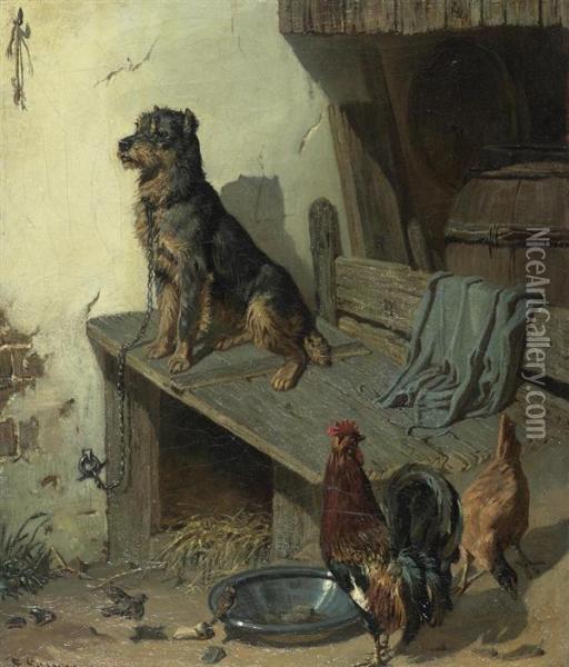 Hofhund Mit Hahn Und Huhn. 1860. Oil Painting - Friedrich Lossow