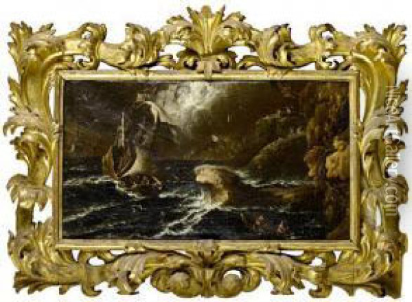 Shipping Foundering In Stormy Seas Off A Rocky Coastline Oil Painting - Matthieu Van Plattenberg