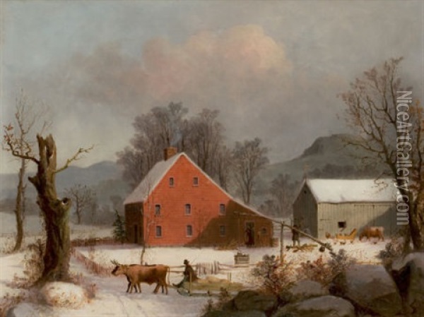Winter Farmyard With Ox-drawn Sledge Oil Painting - George Henry Durrie