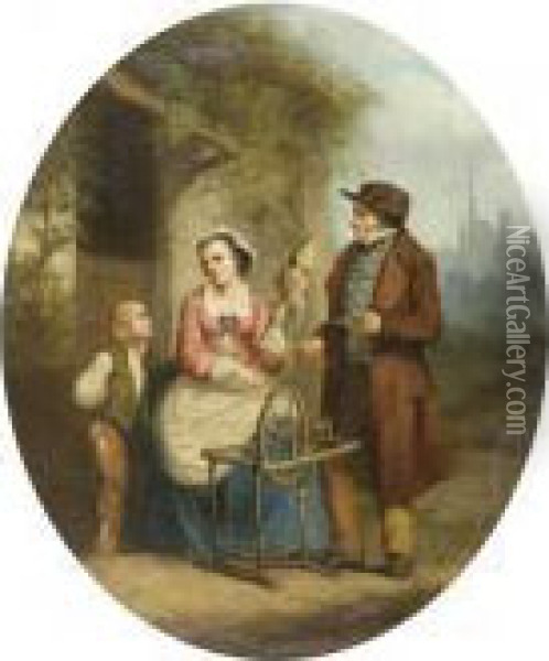 Woman At A Spinning Wheel And Family Oil Painting - George Morland