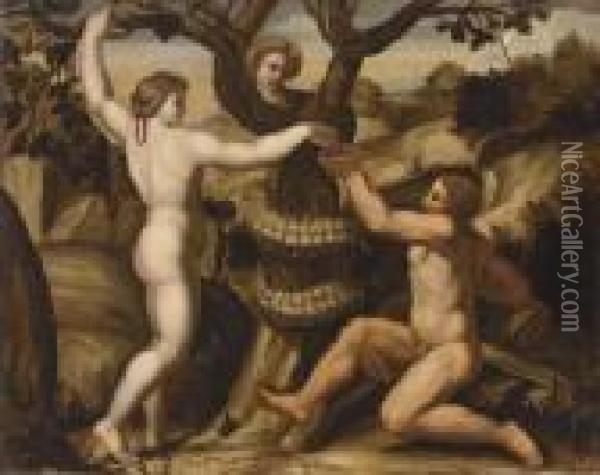 The Temptation Of Adam And Eve Oil Painting - Giulio Romano