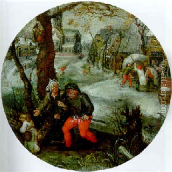 A Drunken Peasant Led Home In A Village In Winter Oil Painting - Pieter Brueghel the Younger