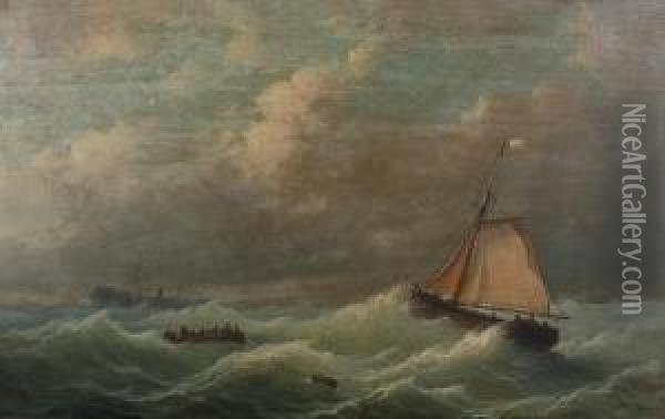 Boats In A Stormy Sea, A Sinking Ship In The Distance Oil Painting - Hendrik Adolf Schaep