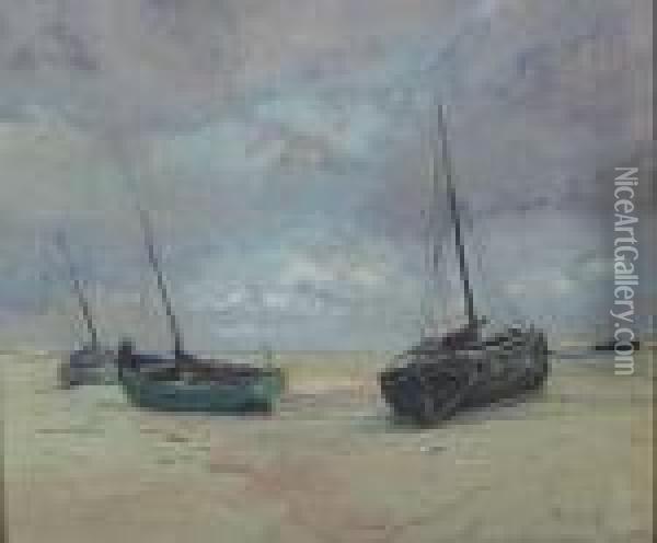 Vissersschepen Op Het Strand. Oil Painting - Alexandre Marcette