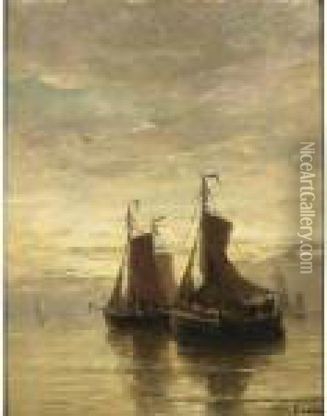 Anchored Fishingboats At Dusk Oil Painting - Hendrik Willem Mesdag