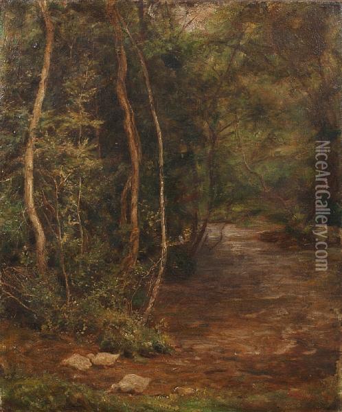 A Woodland Stream, With Ducks To Theforeground Oil Painting - Edgar Barclay