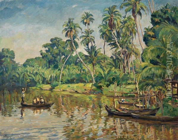 Flusslandschaft Auf Sumatra Mit Anlegesteg, Booten Und Personenstaffage Oil Painting - Hans von Hayek