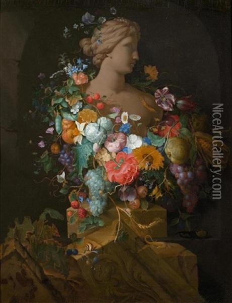 Fruchte- Und Blumengirlande Um Eine Venusbuste Vor Einer Nische Oil Painting - Pieter Gallis