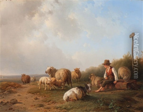 Shepherd With Flock Oil Painting - Pieter Plas