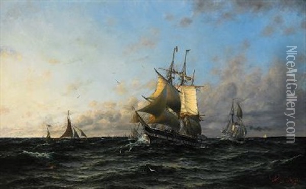Svensk Orlogskorvett, Mojligen Norrkoping, Under Genomvindsvandning Oil Painting - Herman Gustav af Sillen