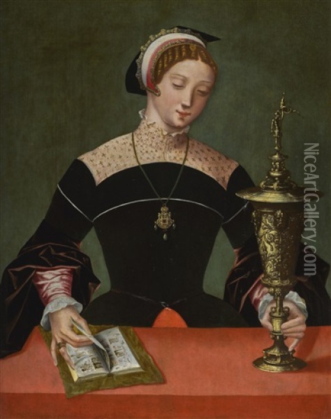 The Magdalen, Half-length, At A Table In A Black Dress And An Embroidered Collar, Reading A Book And Holding A Gilt Cup Oil Painting -  Master of the Female Half Lengths