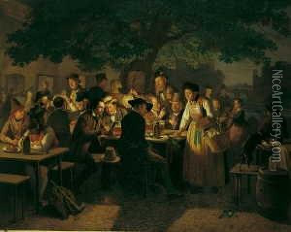 Ein Sommerabend Vor Dem Wirtshaus Zum Grunen Baum In Munchen. Oil Painting - Moritzfeuermuller I Muller