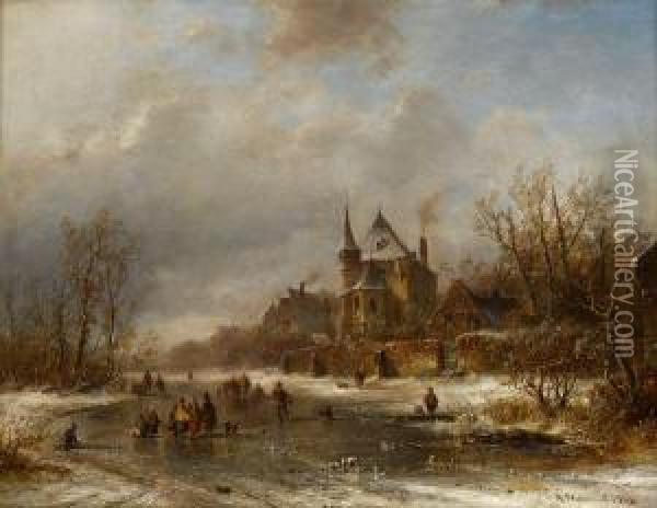 Skaters On A Frozen River Oil Painting - Adolf Stademann