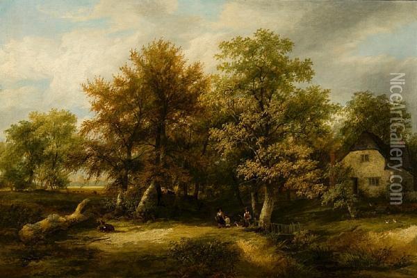 Figures In A Forest Clearing With A View Ofwindsor Castle In The Distance Oil Painting - James Stark
