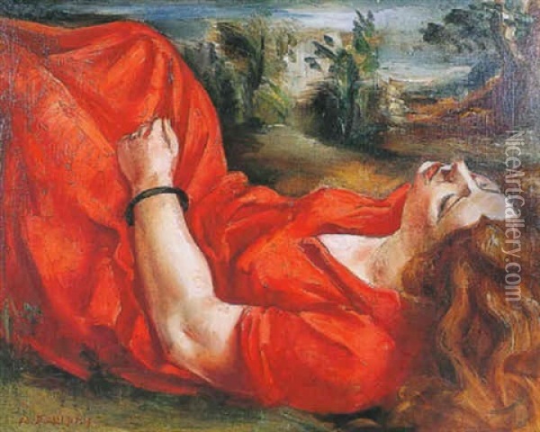 Femme A La Robe Rouge Allongee Oil Painting - Andre Favory