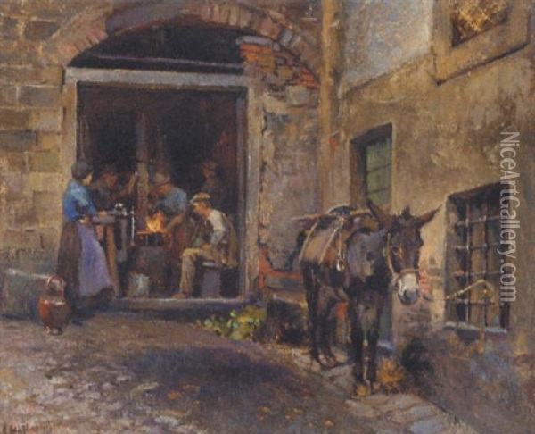A Donkey Outside A Forge Oil Painting - Alphons Hollaender