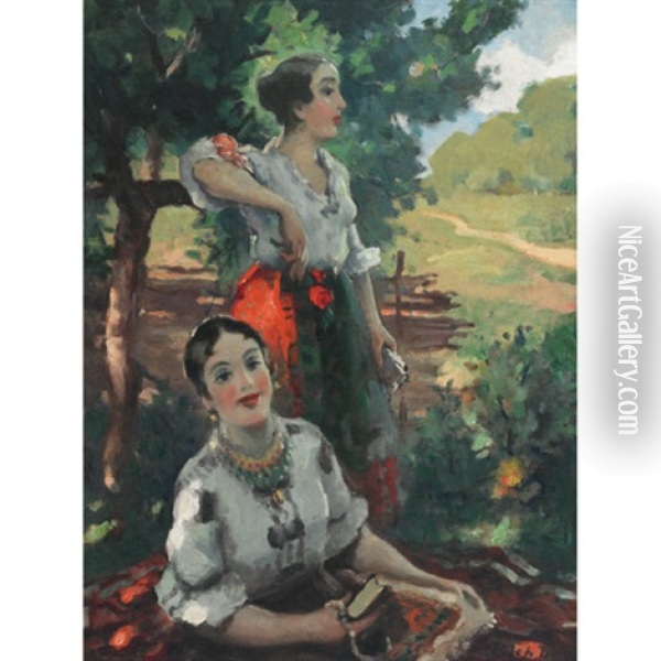 Country Girls In Their Sunday Best In The Dappled Shade Oil Painting - Dezsoe Pecsi Pilch