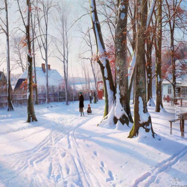 Solklar Vinterdag Ved Posemandens Hus Oil Painting - Peder Mork Monsted