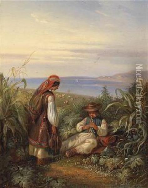 Shepherd Couplein In A Dalmatian Landscape Oil Painting - Eugen Adam