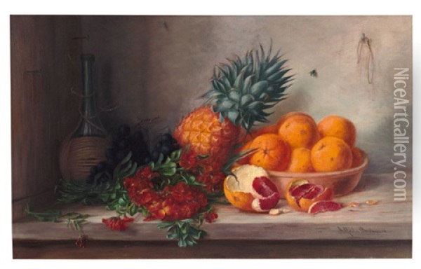 Stilleben Mit Orangen, Ananas, Rotweinflasche Und Goldlack Oil Painting - Alfrida Baadsgaard