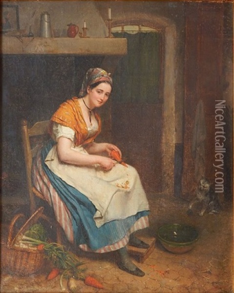 Preparing The Meal Oil Painting - Jean Augustin Franquelin