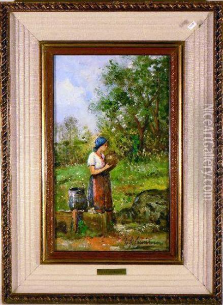 Paesana Con Brocca Oil Painting - Achille De Dominicis