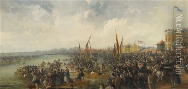 The Finishing Line Of The Oxford And Cambridge Boat Race At Mortlake Oil Painting - James Baylis Allen