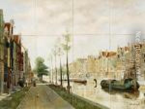 Decor Of A Dutch City View With Canal And Boats. Oil Painting - Johannes Christiaan Karel Klinkenberg