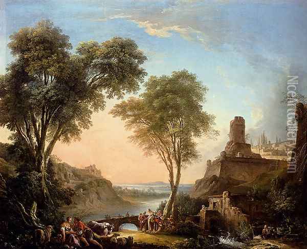 Figures Resting On The Banks Of A River, A Bridge In The Distance Oil Painting - Nicolas-Jacques Juliard