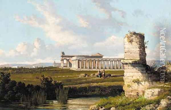 The Gulf of Naples from Posillipo; and The three temples of Paestum Oil Painting - Giuseppe Carelli